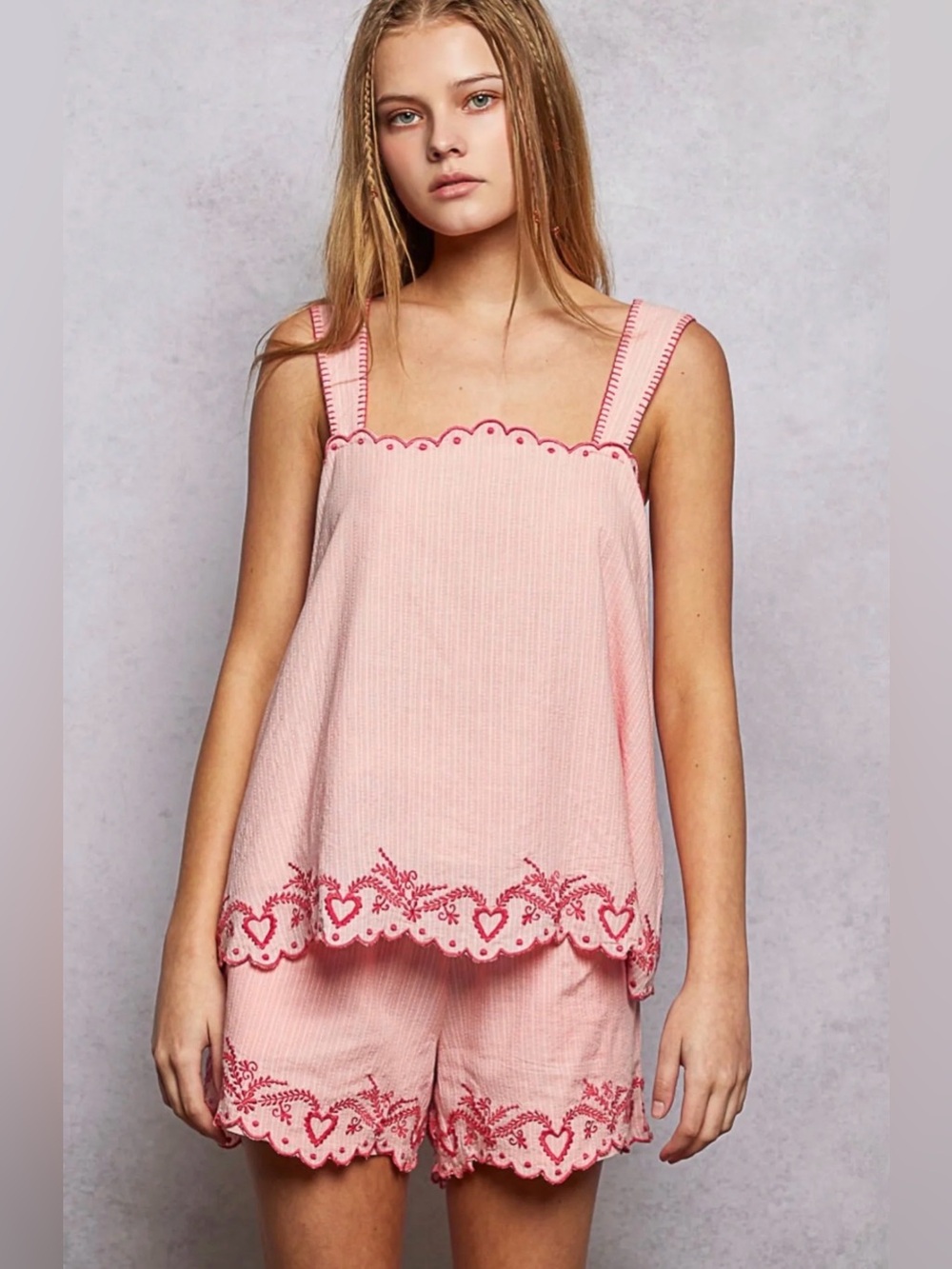 Pink Embroidered Cotton Tank and Short Set - Women